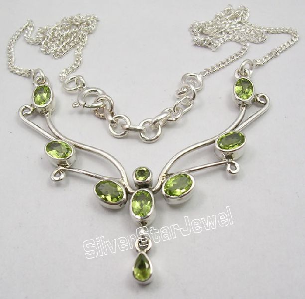 SOLID Silver PERIDOT GEMSTONES LARGE Chain Necklace