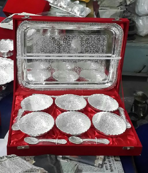 Silver Bowl Tray & Spoon Set, Features : Attractive Design, Durable, Light Weight, Rust Proof