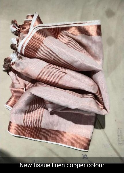 Checked linen copper zari saree, Technics : Handloom