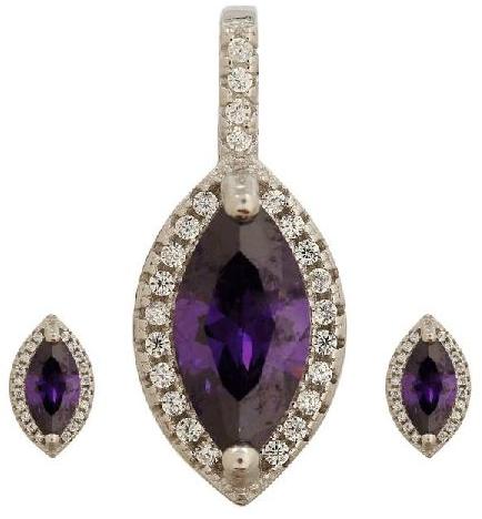 Purple CZ Oval Jewelry Set Pendant Earrings