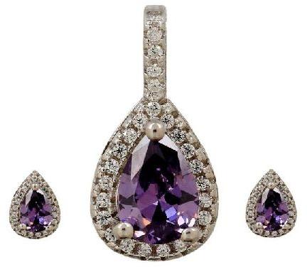 Tear Drop Purple CZ Jewelry Set Pendant Earrings