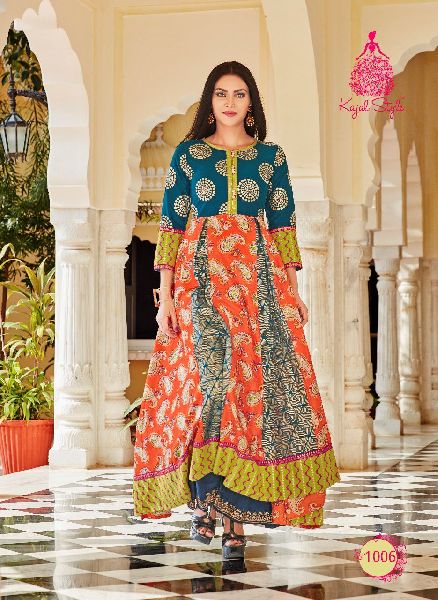 Shop Online Gajji Silk Multi Color Digital Print Stitched Long Kurtis   Lady India