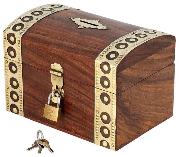 Antique Inspired Handcrafted Wooden Treasure Chest Money Box