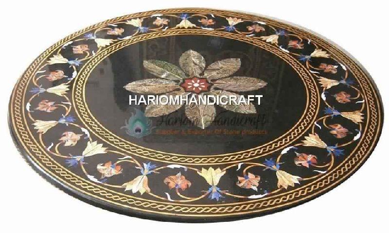 Black Round Marble Dining Table Top Multi floral Marquetry Inlaid