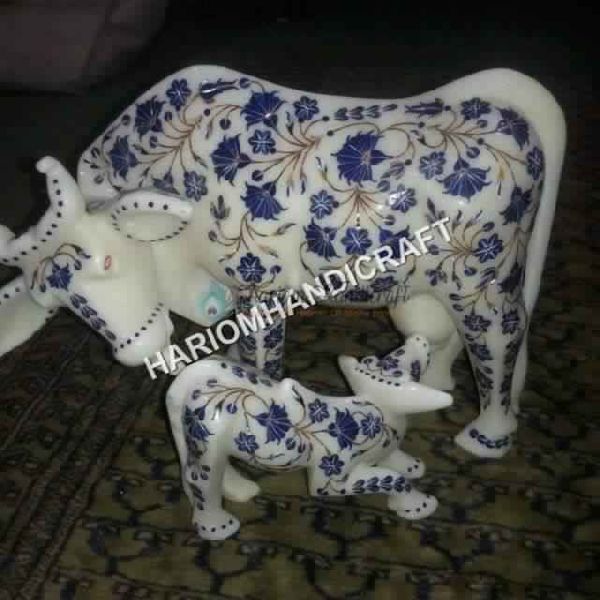 Marble Cow And Calf Statue Lapis Lazuli Stone Inlay Work