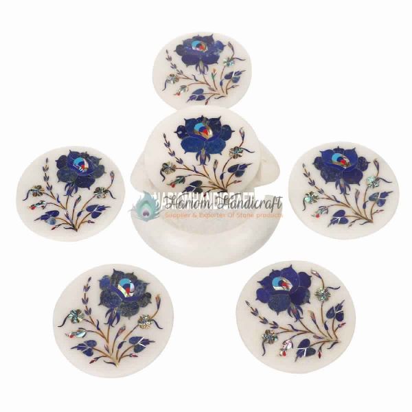 White Marble Coaster Set Lapis Semi Precious Inlay Kitchen Art Gift