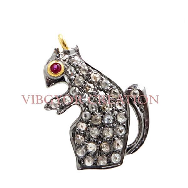 14k Gold Pave Diamond Gemstone Ruby Eye Charm Squirel Pendant 925 Silver Jewelry