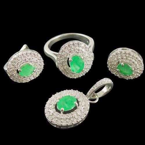 92.5 Sterling Silver Emerald Wedding Four Sets Rhodium Earrings Pendant