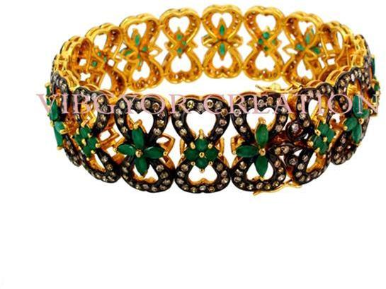 Beautiful pave diamond 14k gold 925 sterling silver emerald gemstone bangle jewelry