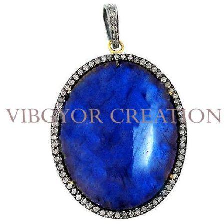 Blue Fire Labradorite Gemstone 925 Silver Pave Diamond Locket Pendant Jewelry