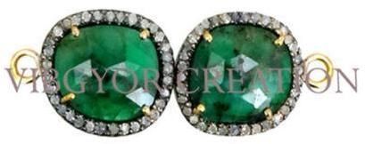Double Side Emerald Gemstone Finding Connector 14k Gold Pave Diamond 925 Silver