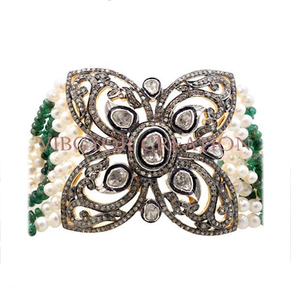 Emerald pearl gemstone pave diamond 925 sterling silver 14k gold gemstone bracelet jewelry