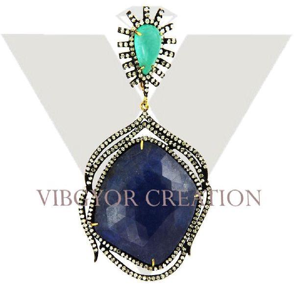 Hanging 925 Silver Emerald Tanzanite Gemstone Pave Diamond Pendant Gold Jewelry