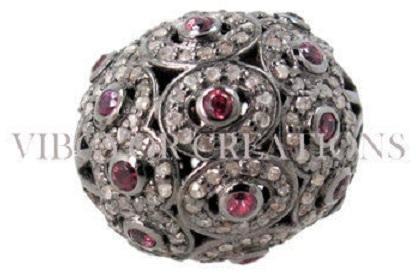 Natural Ruby Bead Pave Setted Pave Diamond Bead 92.5 Solis Sterling Silver Bead