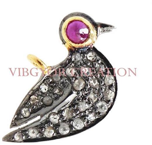 Pave Diamond 925 sterling silver gemstone ruby 14k gold bird shape charm pendant