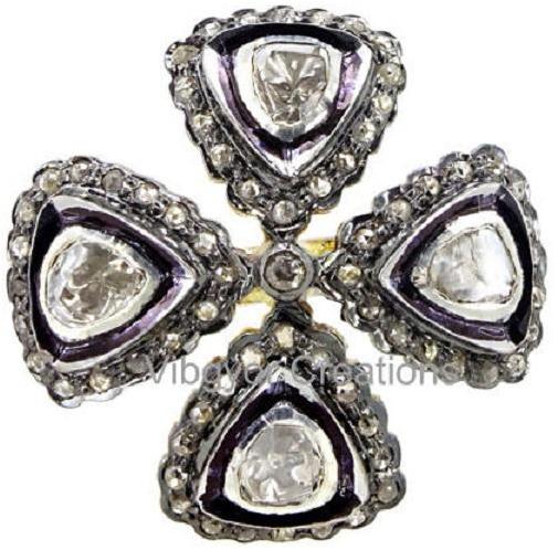 Pave Rosecut Diamond Polki Band Flower Design 92.5 Silver Fashion Ring Jewelry