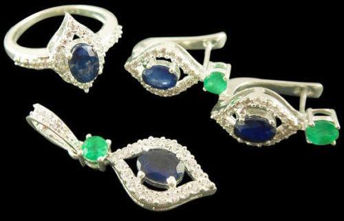 Pendant,92.5 Sterling Silver Ring,Earring Emerald sapphire Rhodium Set