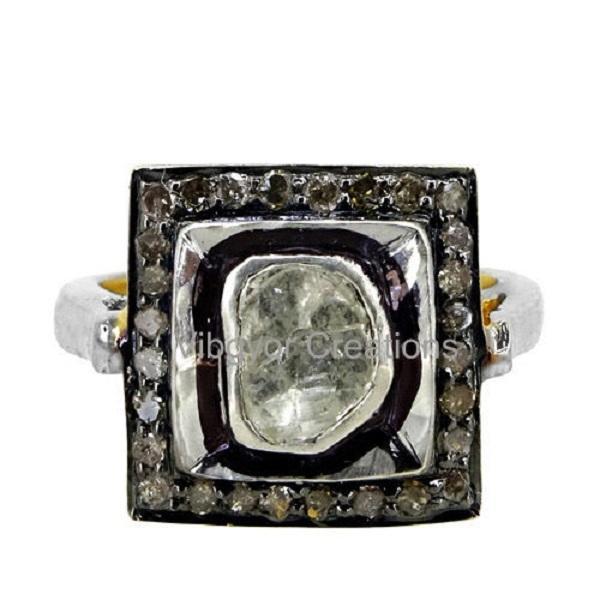 Square Cut Polki Rosecut Pave Diamond 925 Sterling Silver Ring Fashion Jewelry