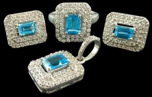 White Rhodium set 925 Sterling Silver Jewelry Pendant,Earring,Ring blue topaz