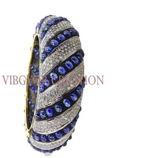 Pave diamond sapphire gemstone 925 sterling silver bangle