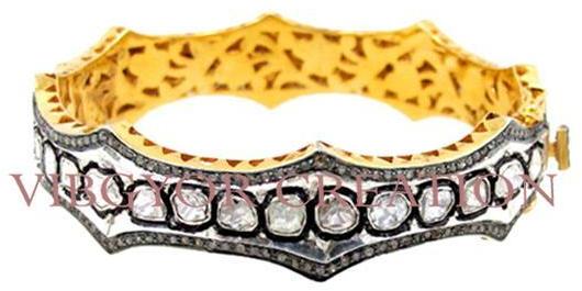 Rosecut diamond 925 sterling silver 14k gold bracelet bangle