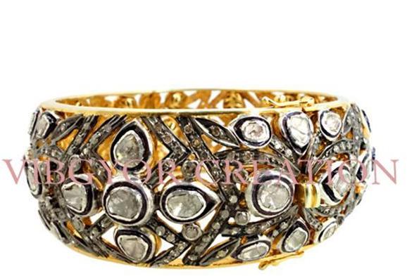 Rosecut pave diamond 925 sterling silver 14k gold bangle