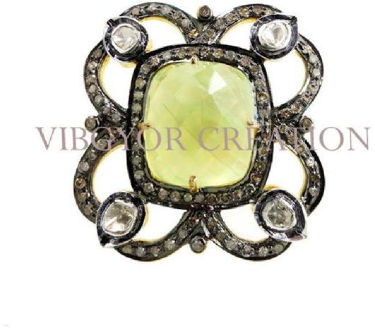 Women LemonQuartz Pave Rosecut Diamond 92.5 Silver Flower Ring 14k Gold Jewelry
