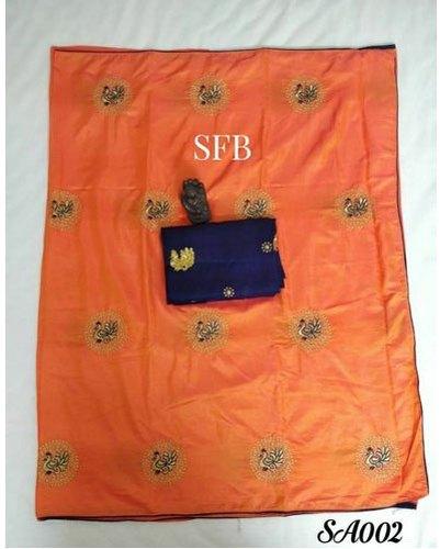 Orange Embroidered Silk Saree, Occasion : Party Wear