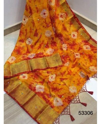 Orange Printed Cotton Silk Saree, Saree Length : 6 Meter
