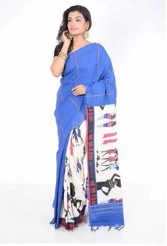 Khesh Cotton Blue Block Printed Saree