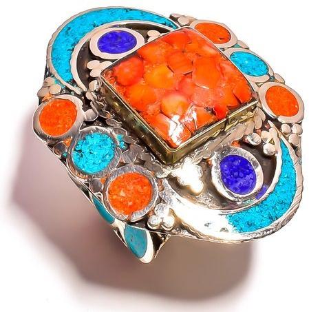 Oxidized Silver Multicolor Designer Tibetan Ring, Occasion : Festival Wear