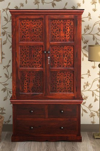 Wide open Carved Brown Color Solid Wood Almirah, Color : Honey