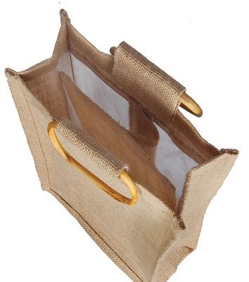 Wooden Handle Jute Bags, Pattern : Plain
