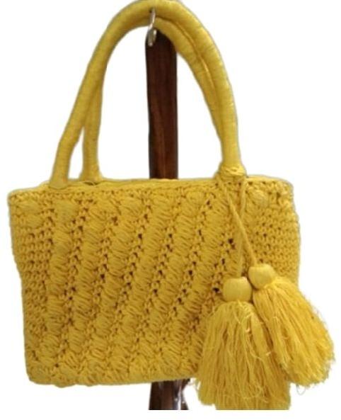 Rectangular Yellow Crochet Handbag, for Party, Pattern : Plain