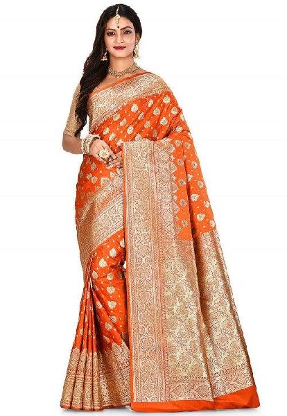 Silk Embroidered banarasi satan saree, Occasion : Wedding Wear