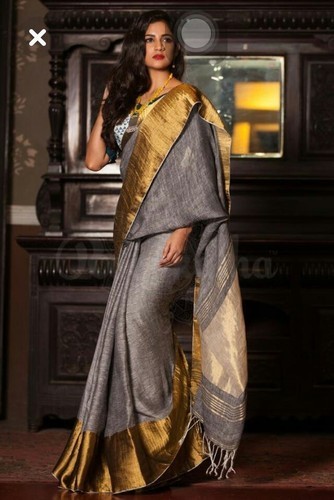 Shilpanikatan Linen Plain Grey Saree, Occasion : Party wear