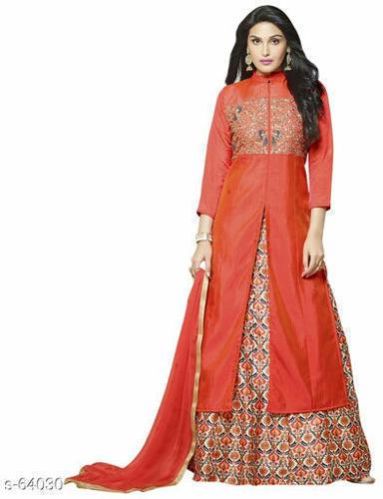 Silk Printed Semi Stitched Skirt Suit, Occasion : Party Wear