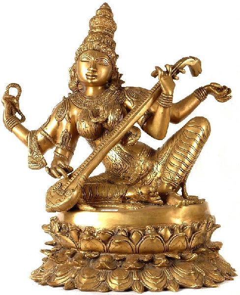 Polished Metal Saraswati Maa Statue, for Home, Temple, Style : Antique