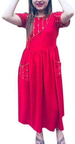 Ladies Red Party Wear Cotton Kurti, Size : M, XL, XXL