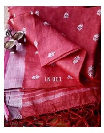 Linen Embroidered Saree, Feature : Comfortable
