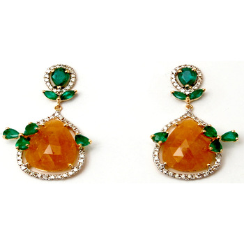 fabulous channel set diamond studded pear shaped yellow sapphire,emerald earrings
