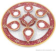 Marble Pooja Thali with 7 Dipak, for Home Decoration