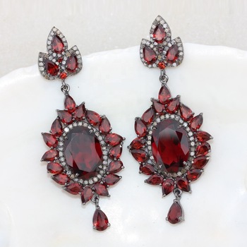 Genuine Pave Diamond Jewelry Garnet Gemstone Earrings