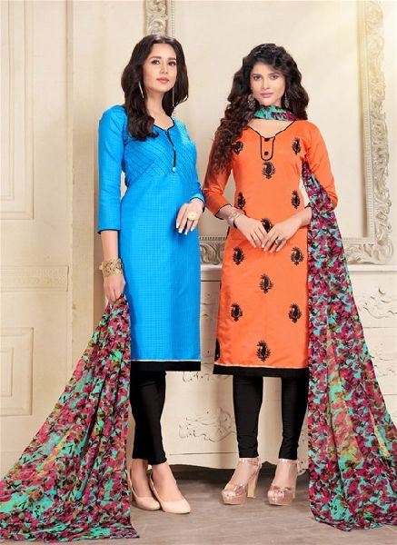 Blue And Orange Colored Cotton Butti And Chanderi Salwar Suit