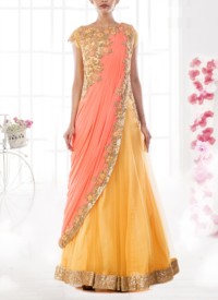 Mustard Yellow Gown With Peach Ombre Palla