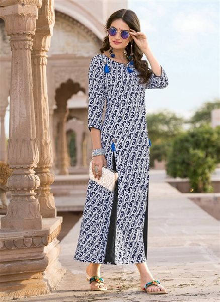 Off White and Black Colored Heavy Rayon Printed Kurti