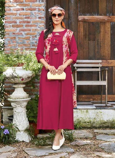 Pink and Beige Colored Rayon Printed Kurti