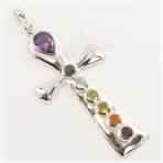 925 Sterling Silver Jewelry Natural MULTI STONES Healing Chakra Cross Pendant