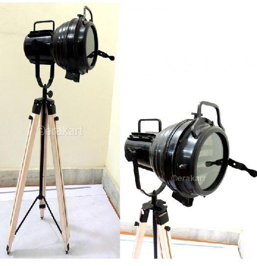 Vintage Industrial Spotlight On Wooden Tripod Floor Lamp