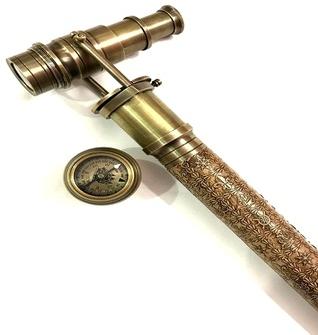 Brass Telescope Walking Stick with Compass